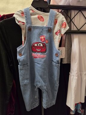 Nwt Disney Cars Lightning McQueen Blue Denim Overalls Set